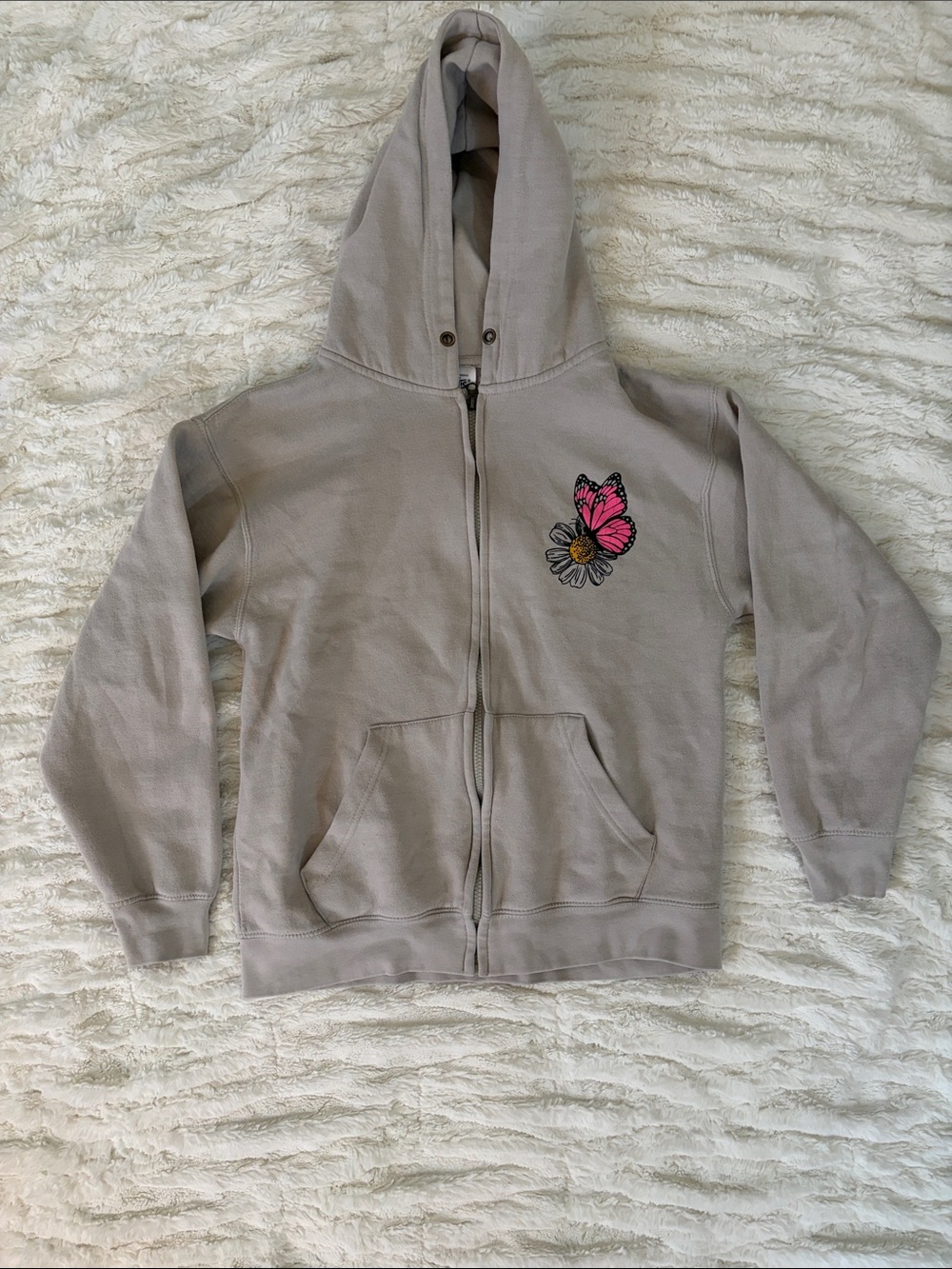 Pacific CO Beige Zip Hoodie with Pink Butterfly Patch